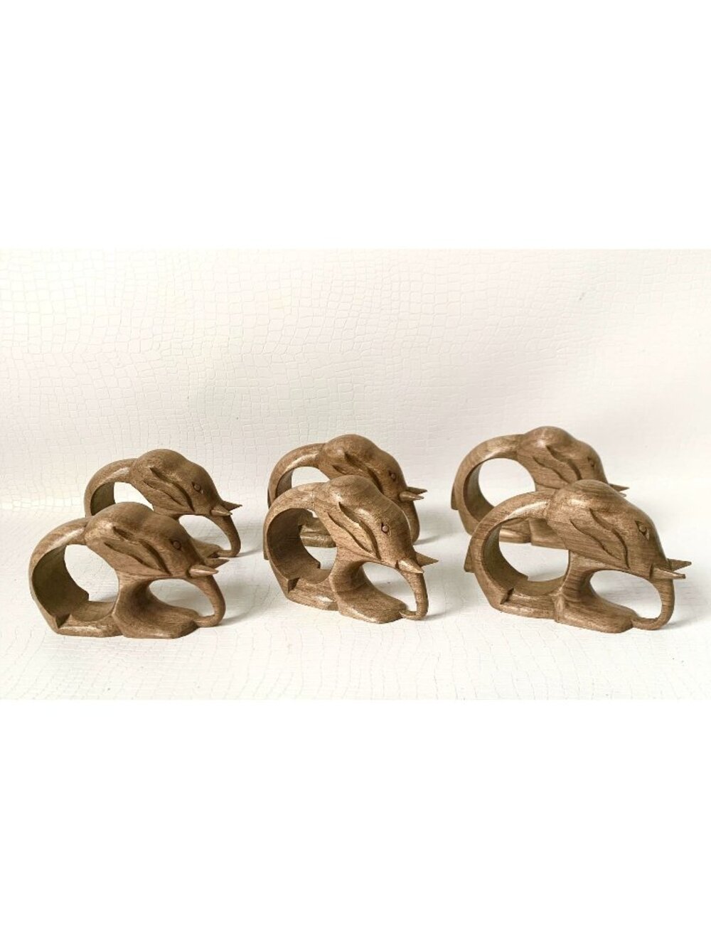 Hand-Carved Wooden Elephant Napkin Rings Set Of 6 Rustic Table Decor